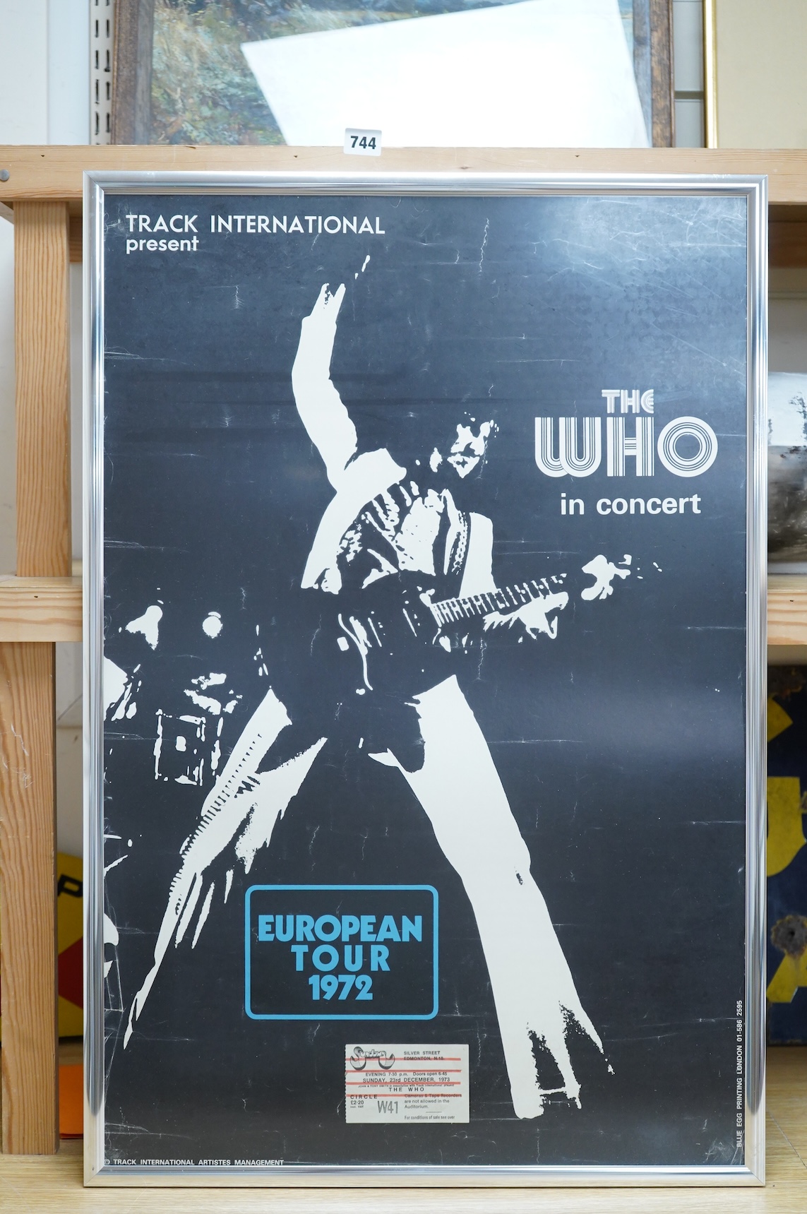 The Who interest; a framed original The Who in concert poster for the European tour 1972, published by track international artistes management, printed by blue egg printing London, framed with an Richard original tickets